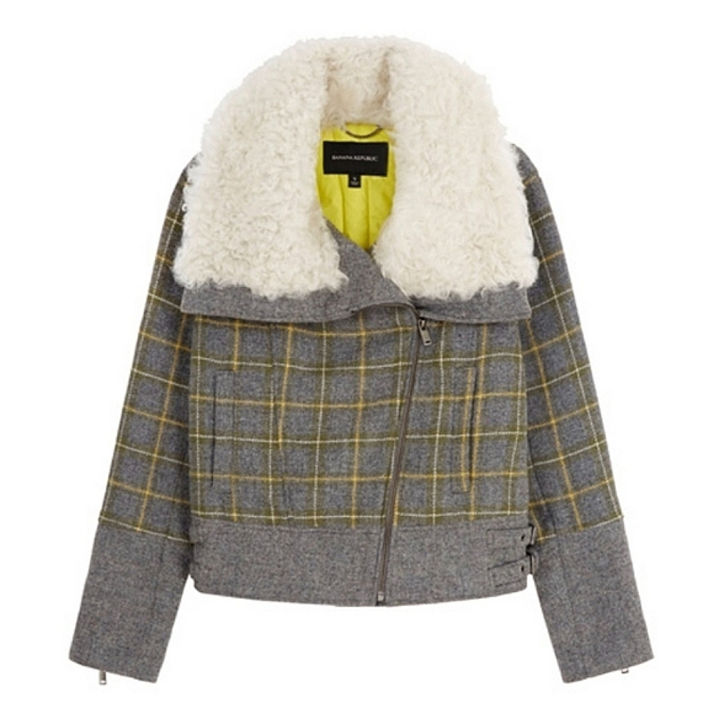 Banana Republic Plaid Moto Jacket Wool Blend Fur Collar Bomber Academia